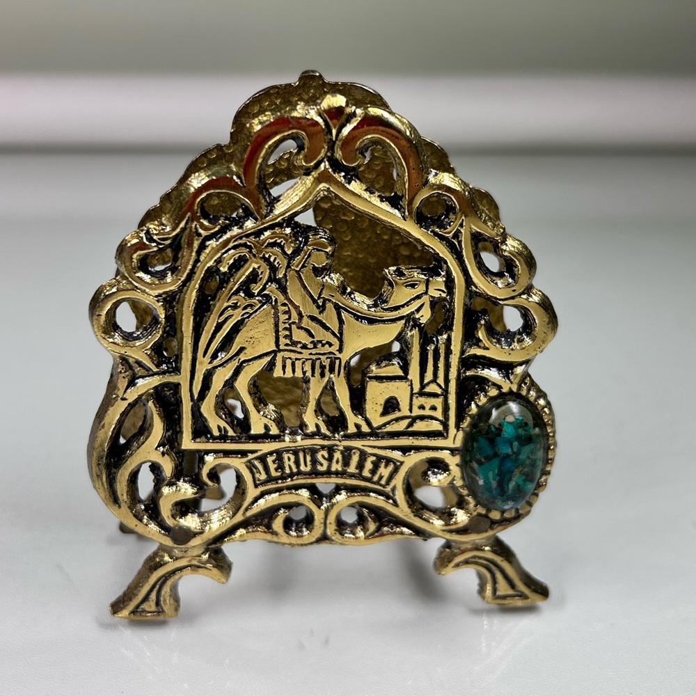 JERUSALEM Mail Letter Napkin Holder Brass? Enamel Stone Vintage Judaica